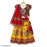 CCRINGYellow embroidered Banjara India Kutchi Girls ChaniyaLehanga Choli with Dupatta, featuring short-sleeved top and matching dupatta in cotton fabric. Perfect for Navratri festivities, available in various sizes for 3-10 year old girls