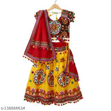 CCRINGYellow embroidered Banjara India Kutchi Girls ChaniyaLehanga Choli with Dupatta, featuring short-sleeved top and matching dupatta in cotton fabric. Perfect for Navratri festivities, available in various sizes for 3-10 year old girls