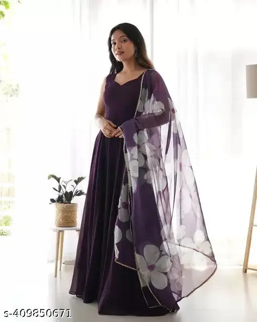 Georgette Niluvangi Anarkali Gown with Dupatta - Indian couple set in sleeveless style