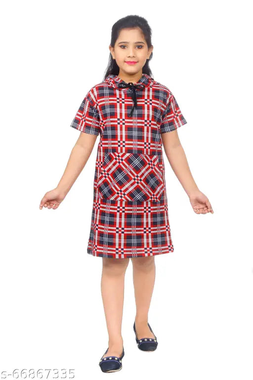 Cotton red checked printed hoodie dress for daily wear and casual office by SOUNIK FASHION SDS