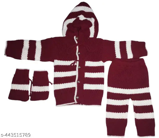 Woolen white striped winter set for newborn babies: sweater, pajama, cap, socks (Indian origin)
