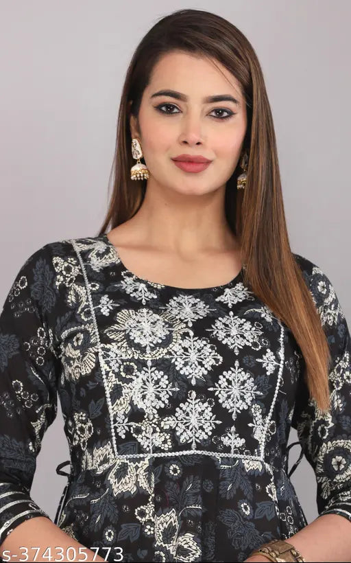 Multicolor embroidered anarkali kurta, trendy women's cotton outfit with three-quarter sleeves, India origin