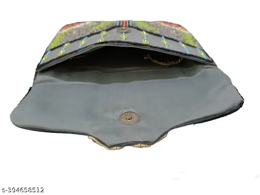 Velvet beaded clutch purse, Latest Indian design with 2 compartments and embroidery pattern, free-size (9in x 10in)