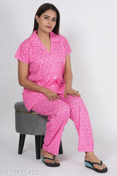 RILO Women's hosiery cotton night suit top and pyjama set with pocket, features short sleeves, printed net pattern, and pockets. Comfortable, stylish, and long-lasting, made in India