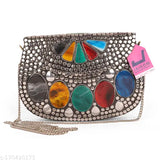 Multicolor suede sling bag, embellished net pattern, Indian handmade craftwork for party wear