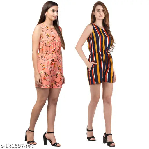 Striped & floral wide leg jumpsuit with pockets, sleeveless and elastic waist, made of superfine poly crepe fabric. Perfect for festive, regular, or special occasions