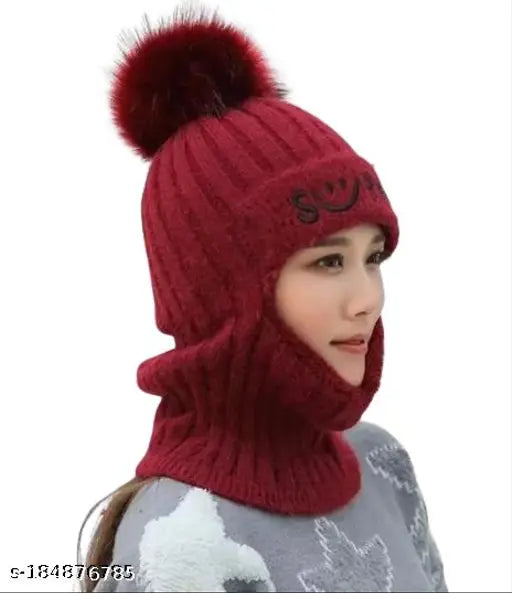 Woolen women's cap set (onesize), trendy & fashionable soft monkey design, perfect for winter