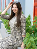 Floral printed cotton kurta set with trousers, three-quarter sleeves, women's design for party wear