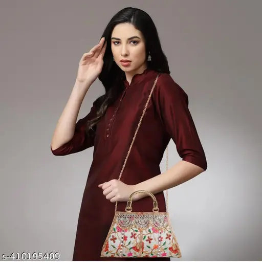 Modern fabric clutch, embroidered net, free size (11x3in), Indian handcrafted women's accessory