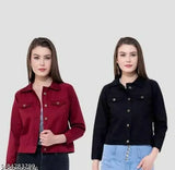 Classic retro women's denim jacket, colorful for girls - solid pattern, long sleeves in size S (34in bust, 18in length)