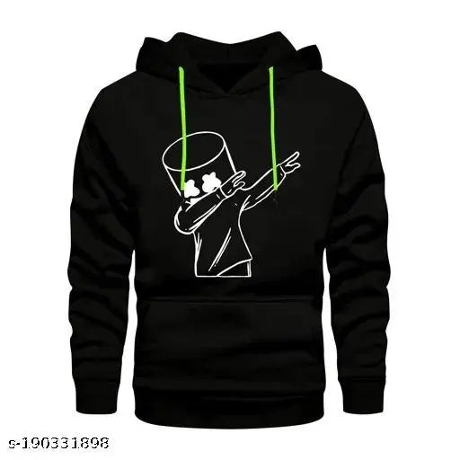 Black Marshmello printed hoodie pullover sweatshirt for unisex wear, cotton fabric, varsity style and long sleeves