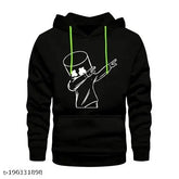 Black Marshmello printed hoodie pullover sweatshirt for unisex wear, cotton fabric, varsity style and long sleeves