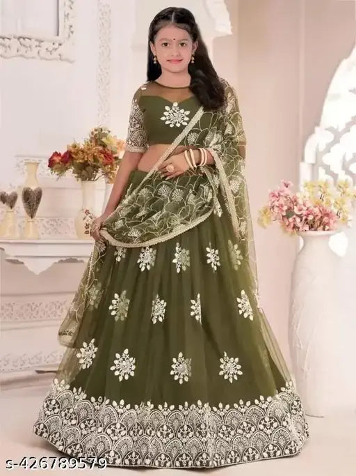 Embroidered net kids lehenga choli set with dupatta, sizes 4-14 years, Indian traditional attire for festivals