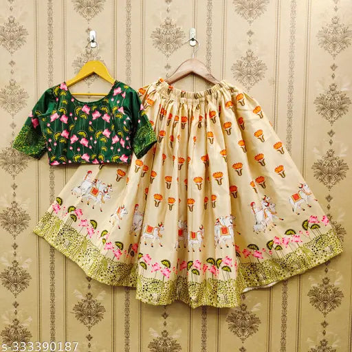 Girls' striped satin lehenga choli for festivals, animal print design on short sleeves, 1pc stitched net, various sizes from 1-2 years to 11-12 years