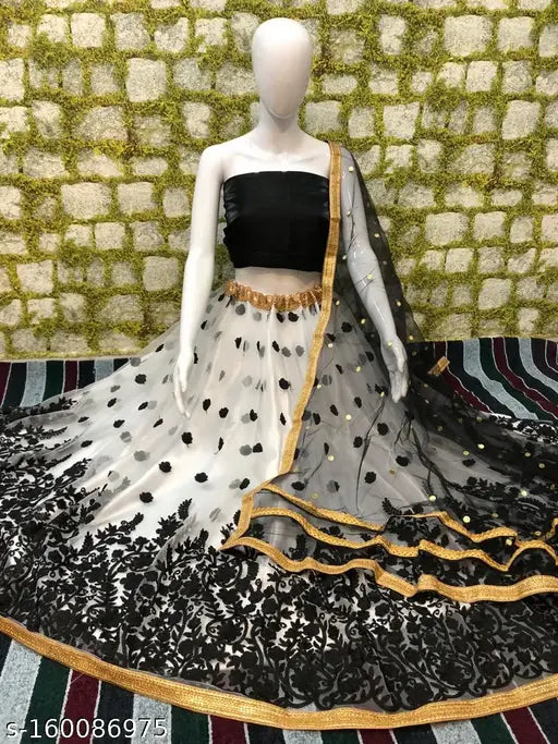 Black net FLEX_LEHENGA_SUHANI set with embroidered dupatta and solid top, Indian traditional bridal wear for free size (waist 40", length 44", dupatta 2.1")