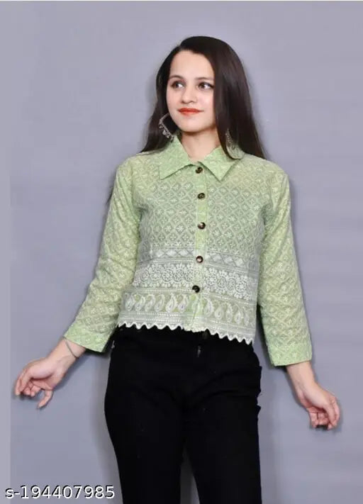 Trending embroidered cotton jacket for women & girls with blouse, long sleeves, embellished net pattern. S-XL sizes available