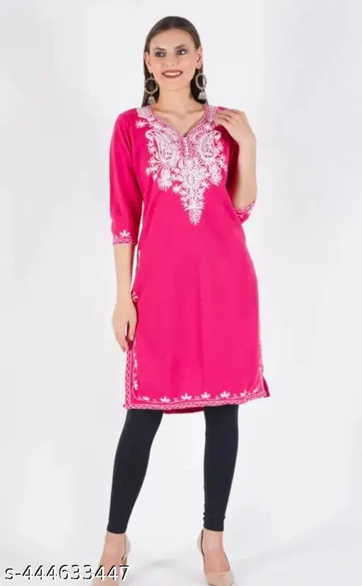 Premium woolen kurtis, solid color combo, three-quarter sleeves. Woolen kurti collection on display, India origin