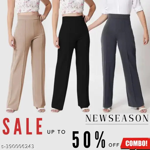 Classic cotton blend high-waisted bootcut bellbottoms trouser pants combo (3 pc), vintage-style women's fashion