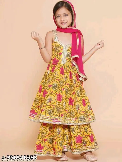 Printed rayon anarkali kurta set with dupatta and sharara for girls, Indian ethnic wear