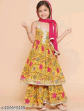 Printed rayon anarkali kurta set with dupatta and sharara for girls, Indian ethnic wear