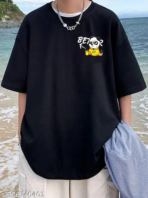 Men's oversized black cotton blend panda graphic print T-shirt, perfect for daily wear or sports. Made in India." (123 characters)