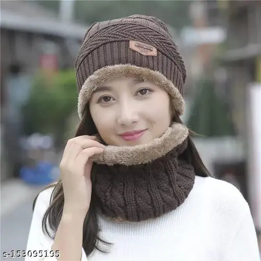 Brown wool unisex beanie cap with skull design & neck warmer, premium knit winter accessory for women. Solid brown color with matching scarf