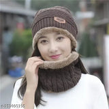 Brown wool unisex beanie cap with skull design & neck warmer, premium knit winter accessory for women. Solid brown color with matching scarf