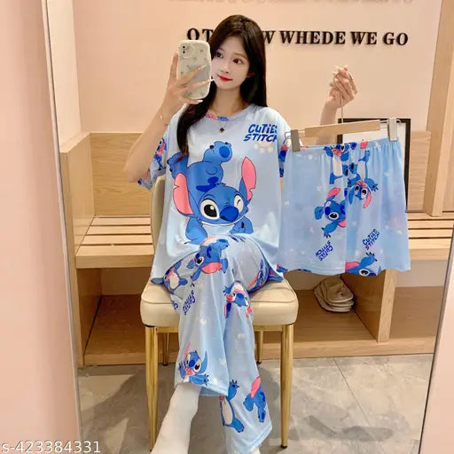 Imported summer cotton-blend nightsuit 3pc, printed net pyjamas with short sleeves for women, on hangar