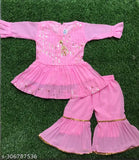 Graceful chiffon kurta sets for babies, A-line shape with embellished sleeves, India-origin clothing for 3-6M to 0-1Y