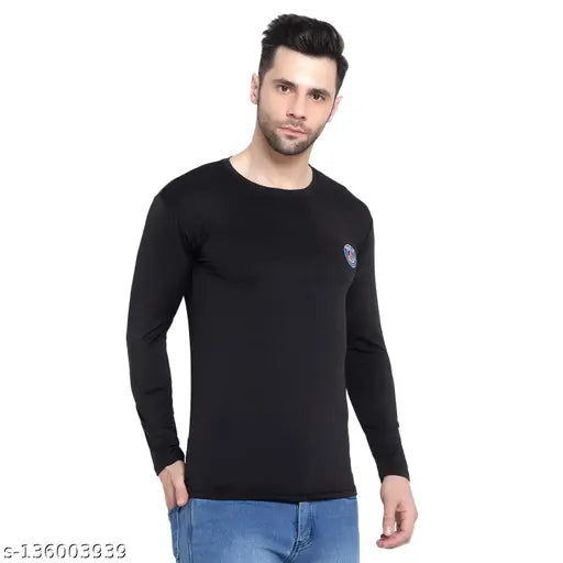 Black Lycra long-sleeve dry fit t-shirt with printed net design, suitable for sports and casual wear. Fast-dry technology for heat release and moisture wicking. Made in India (Indian sizes)