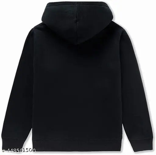 Black cotton kids' pullover hoodie with kangaroo pocket, suitable for boys and girls aged 2-8 years. Unisex, solid color sweatshirt made in India
