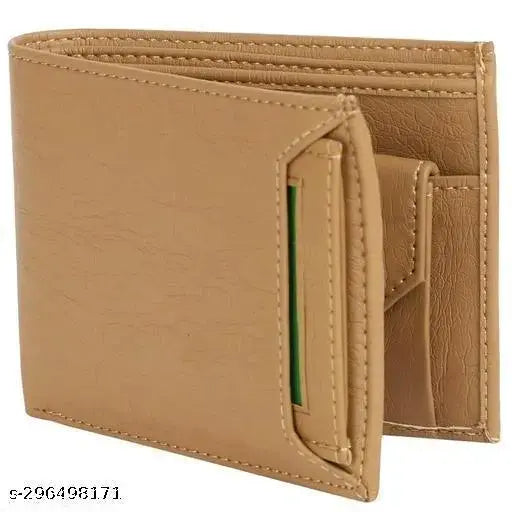 Beige PU artificial leather men's wallet (12 cards, 5 compartments). Classic design with durable stitching and additional photo/card sleeves for added style and functionality. Perfect compact size for everyday use and travel. Ideal gift accessory for men. Made in India