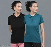 Black cotton blend solid polo neck t-shirts pack of 2 for women's athleisure, India origin