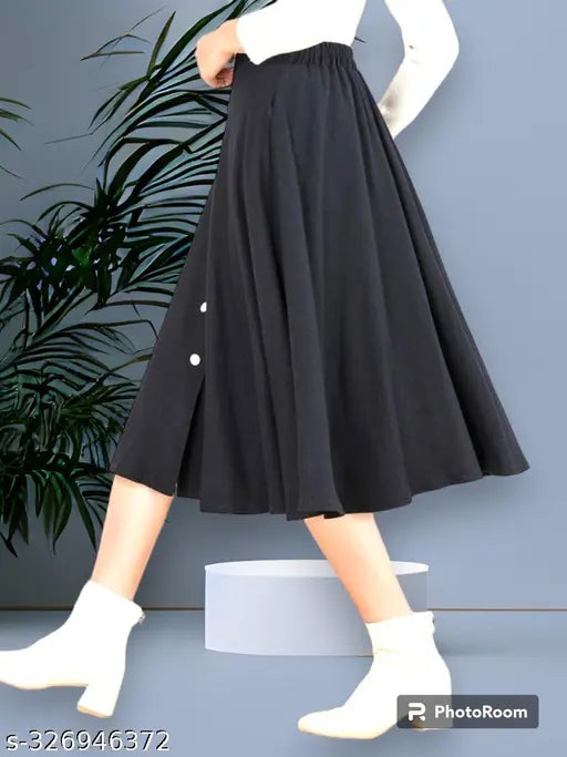 Trendy black solid cotton blend skirt for women, elastic waistband, two pockets - size 26, 28, 30, 32, 34 (India origin)