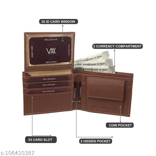 Tan PU leather men's wallet with 5 card slots, solid design, and additional ID slot - compact, portable, textured body, bi-fold style, perfect gift accessory for him
