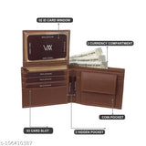 Tan PU leather men's wallet with 5 card slots, solid design, and additional ID slot - compact, portable, textured body, bi-fold style, perfect gift accessory for him