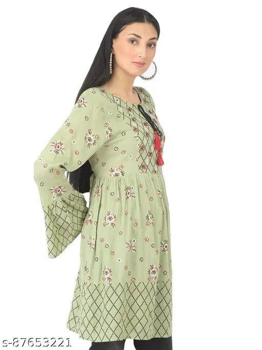 Pista green embroidered rayon top, long sleeve bell sleeves, Indian-origin fashion