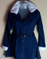 Soft denim fur jacket for girls, long sleeves, free belt included in solid color style
