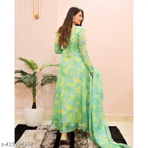 Georgette colorblocked kurta gown with printed dupatta, size S-XL, Indian ethnic fashion for women