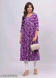 Purple printed embroidery Anarkali kurti for women, rayon fabric, three-quarter sleeves