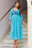 Malti MintBLUE embroidered rayon top with three-quarter sleeves, available in S, L, XL, and XXXL sizes. India-origin fashion clothing on mannequin