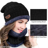 Black woolen beanie cap with neck scarf, criss-cross basket weave knit design. Warm and stylish winter accessory for both men and women. Hand wash only