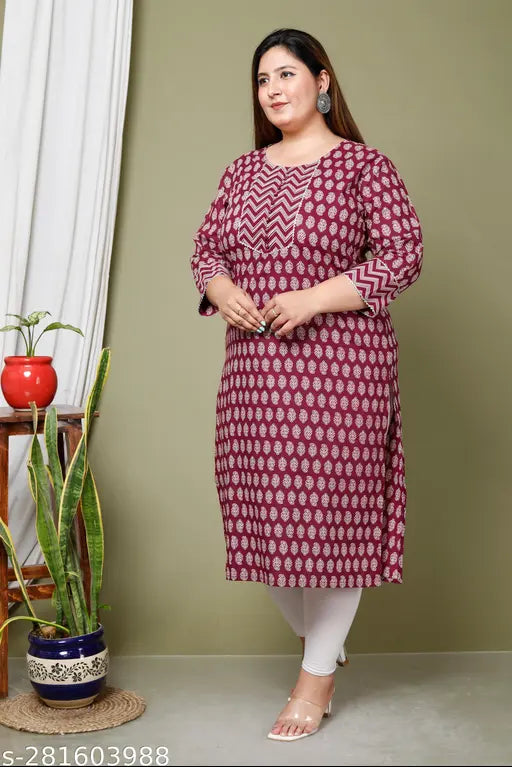 Maroon Avnii Women's Floral Print Plus Pure Cotton Straight Kurta with three-quarter sleeves, printed combo on display