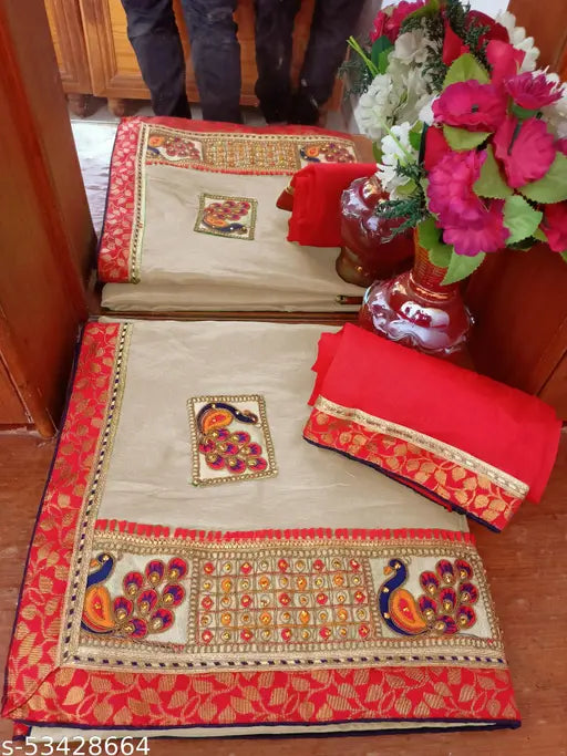 Vichitra Silk Mor Mukut saree, embroidered blouse on traditional stand, Indian handloom fashion accessory