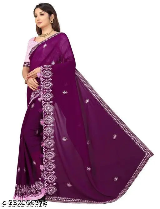 Georgette embroidered work sari with frill and tassel, perfect for all occasions, India