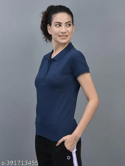 Blue cotton blend Dollar Women's Polo T-shirts pack of 2, short sleeve, solid color with embroidered logo branding