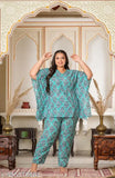 Aqua blue floral print cotton nightsuits pack of 2 - Indian geometrical printed kaftans for women in soft colors