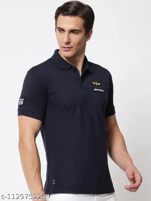 Navy blue cotton blend collar neck half sleeve t-shirt for men with printed pattern, perfect for casual wear