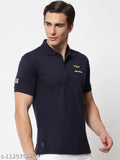 Navy blue cotton blend collar neck half sleeve t-shirt for men with printed pattern, perfect for casual wear
