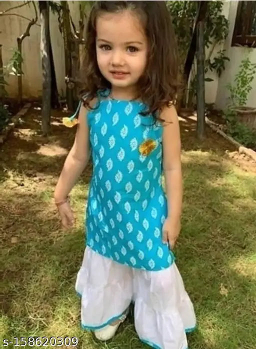 Cotton Kurti and Sharara set, printed straight top with sleeves, perfect for children aged 6-12 months to 5-6 years